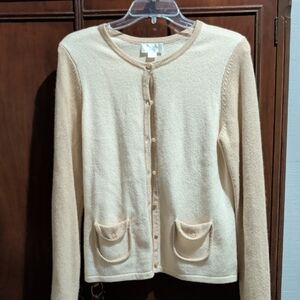 LOFT Cream Button-Front Cardigan with Pocket Detail
